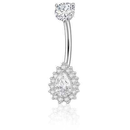 Tytanowy srebrny kolczyk do pępka z białymi cyrkoniami w kształcie kropli