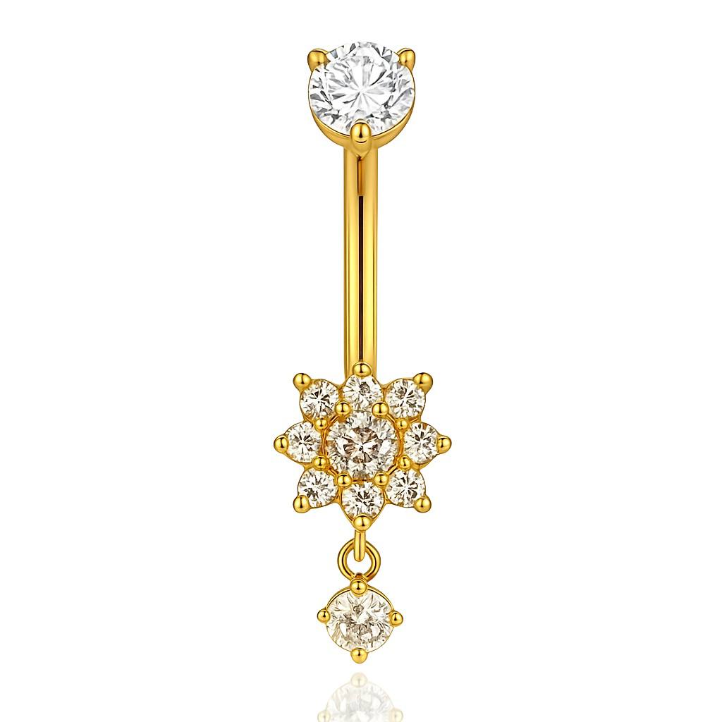 Tytanowy kolczyk do pępka złoty kwiat z białymi cyrkoniami