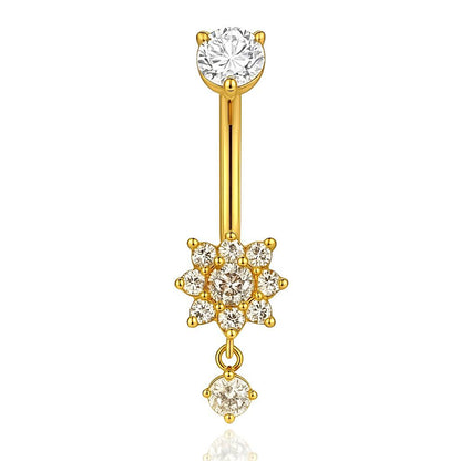 Tytanowy kolczyk do pępka złoty kwiat z białymi cyrkoniami