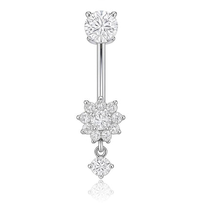 Tytanowy KOLCZYK do pępka Srebrny kwiat z białymi cyrkoniami