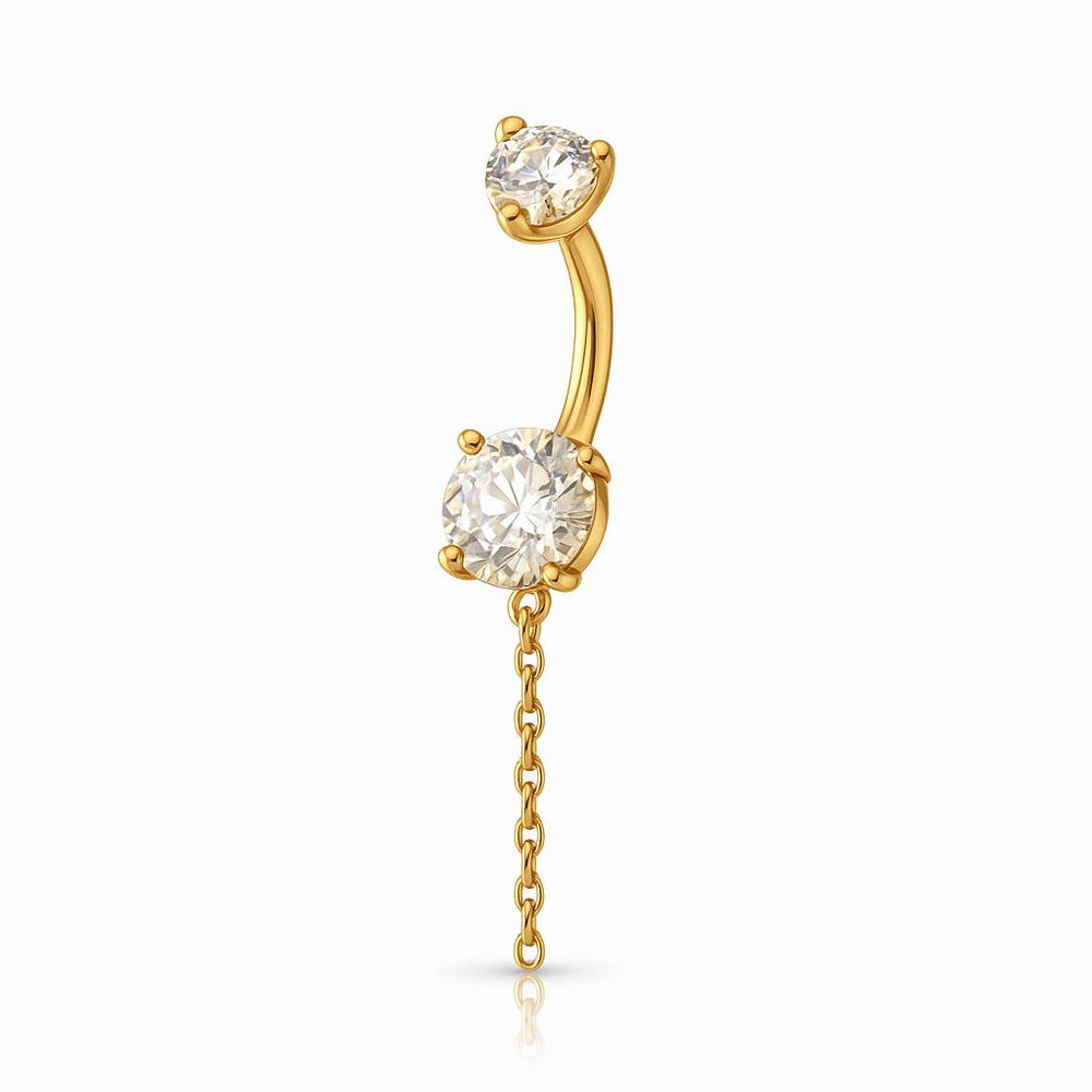 Tytanowy KOLCZYK do pępka z cyrkonią i łańcuszkiem Srebrny Złoty