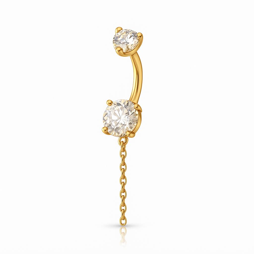 Tytanowy KOLCZYK do pępka z cyrkonią i łańcuszkiem Srebrny Złoty
