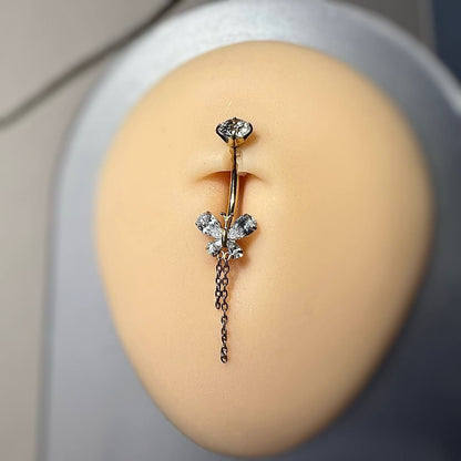 KOLCZYK DO PĘPKA TYTANOWY Z CYRKONIAMI I ŁAŃCUSZKIEM – PIERCING PĘPKA SREBRNY