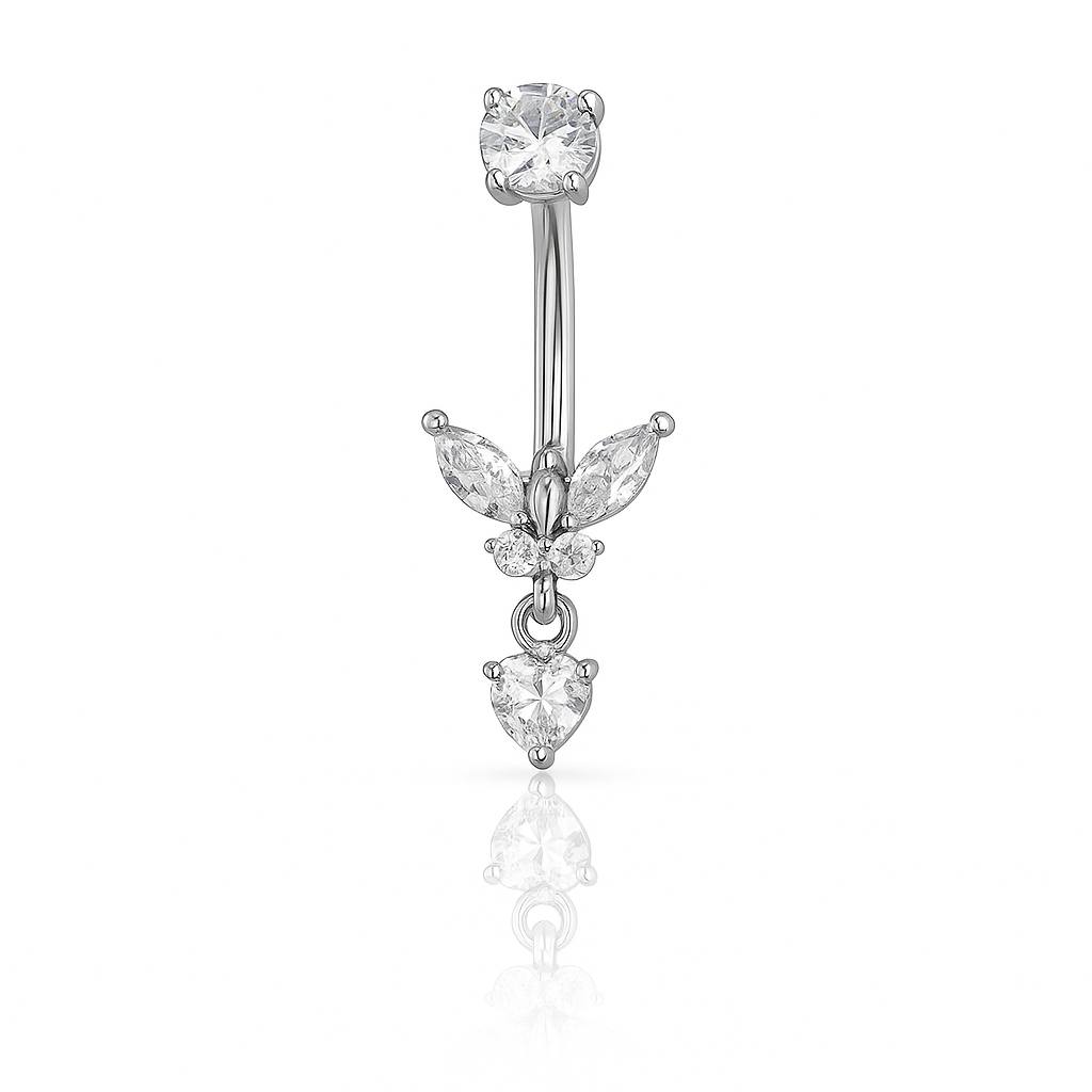 Tytanowy KOLCZYK do pępka z motylkiem, cyrkoniami  Srebrny