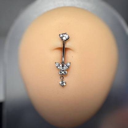 Tytanowy KOLCZYK do pępka z motylkiem, cyrkoniami  Srebrny