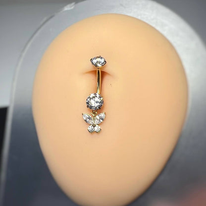 Tytanowy KOLCZYK do pępka z motylkiem, cyrkoniami  Złoty