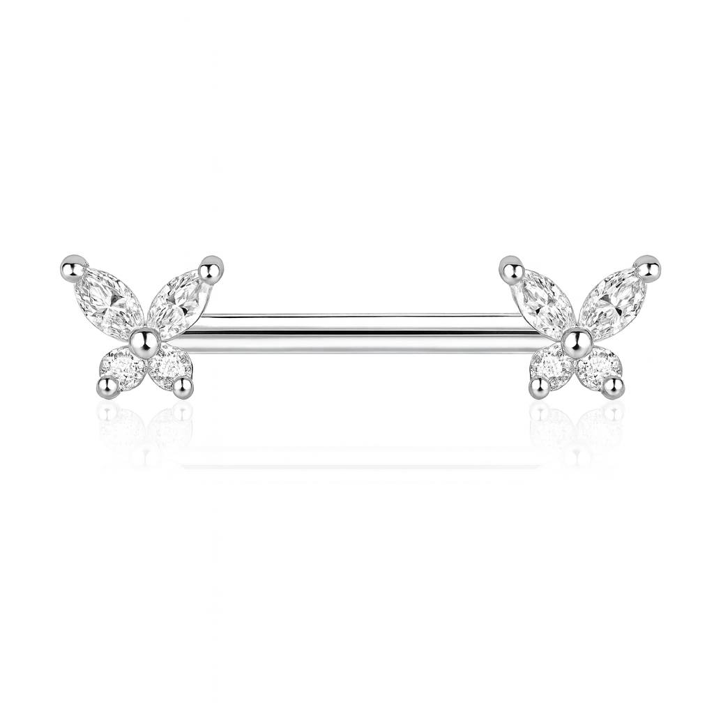 Kolczyk do sutka Motylek z cyrkoniami – srebrna tytanowa sztanga G23 do piercingu
