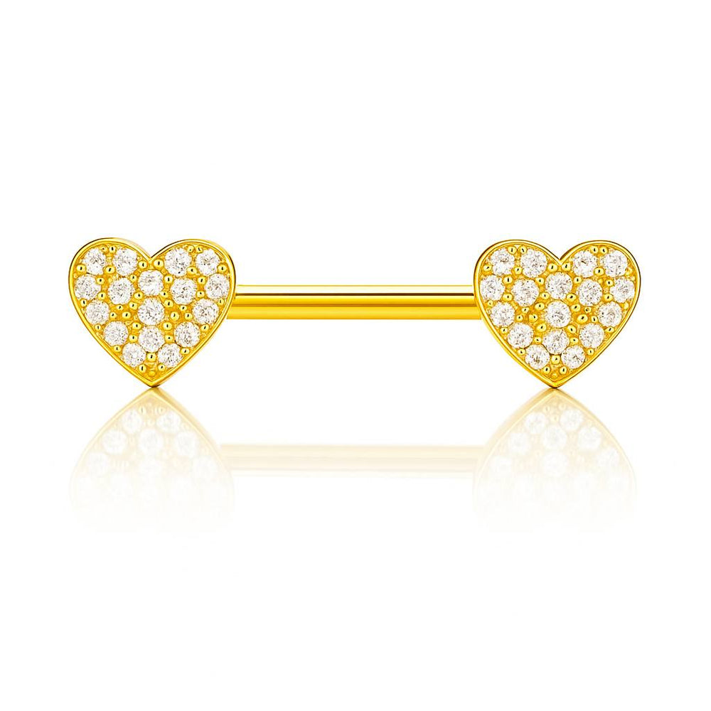 Kolczyk do SUTKA w kształcie serca z cyrkoniami –  Złota  sztanga G23 do piercingu