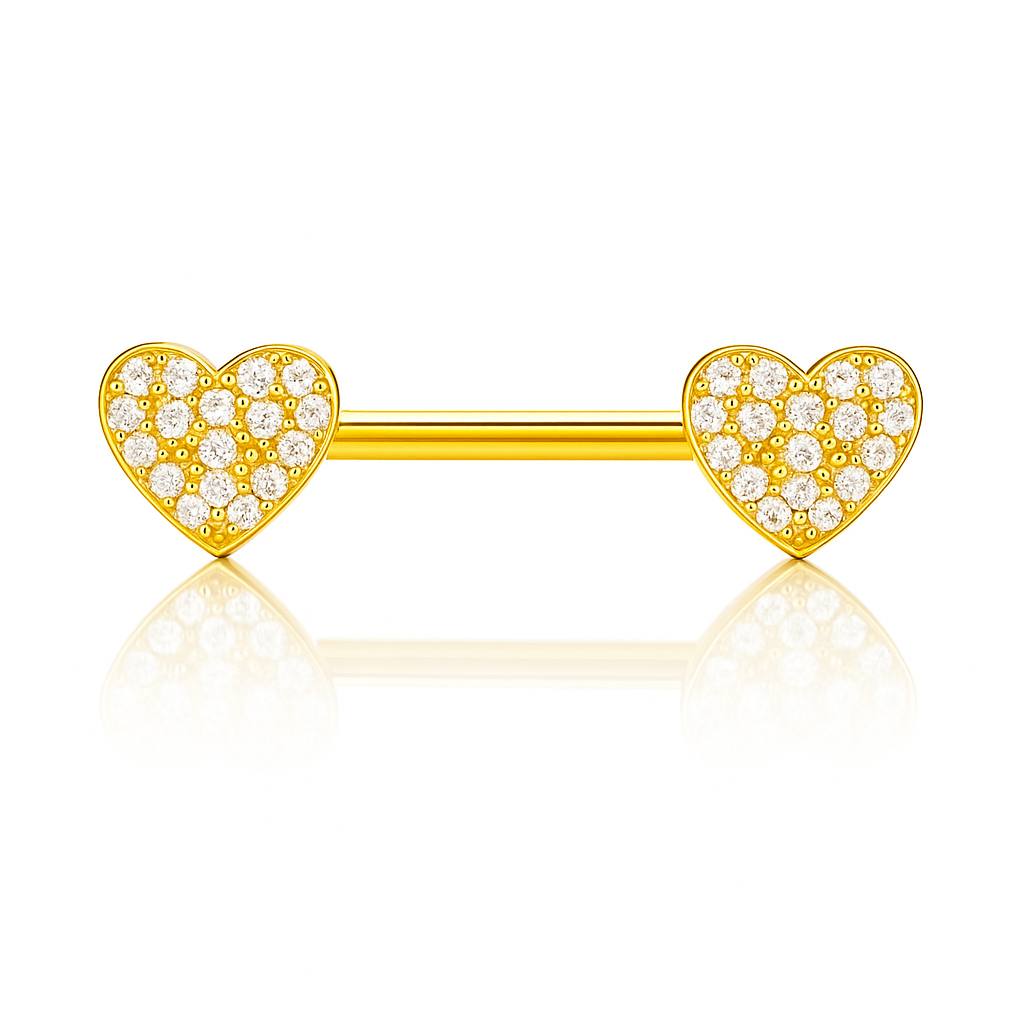 Kolczyk do SUTKA w kształcie serca z cyrkoniami –  Złota  sztanga G23 do piercingu