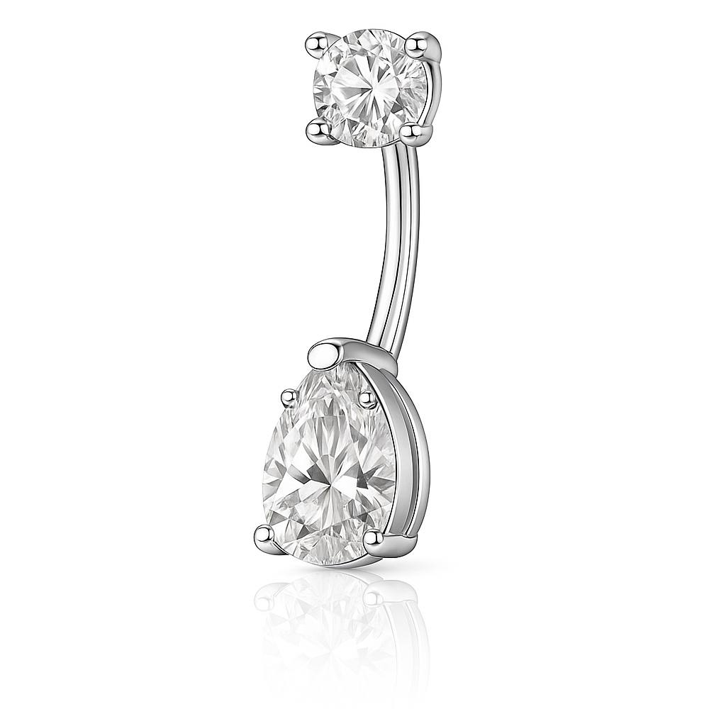 Srebrny tytanowy KOLCZYK  do pępka z białą cyrkonią w kształcie kropli