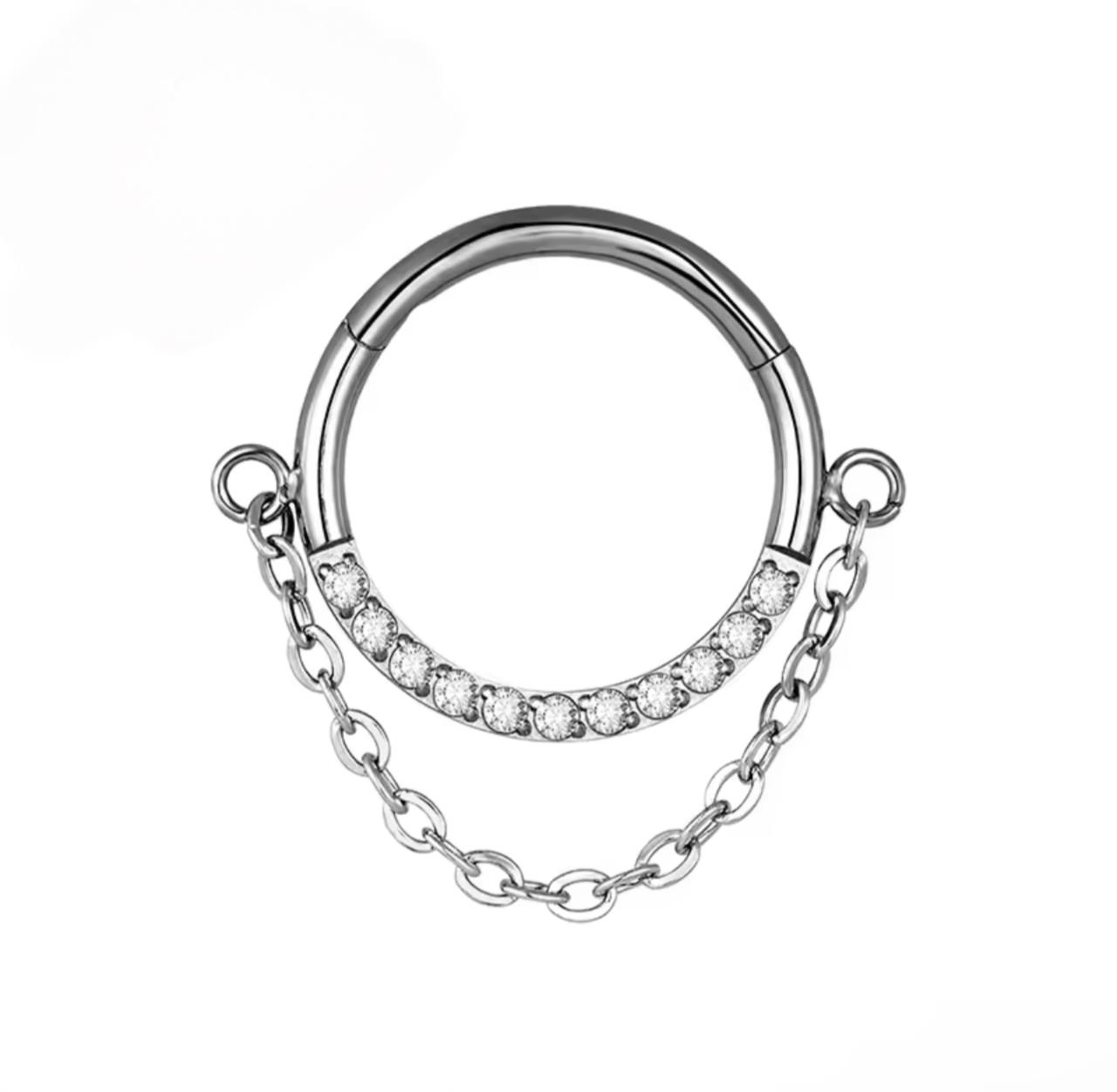 Tytanowy kolczyk kółko clicker ozdobny z łańcuszkiem srebrny