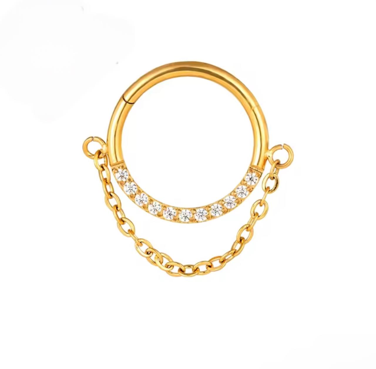 Tytanowy kolczyk kółko clicker ozdobny z łańcuszkiem złoty