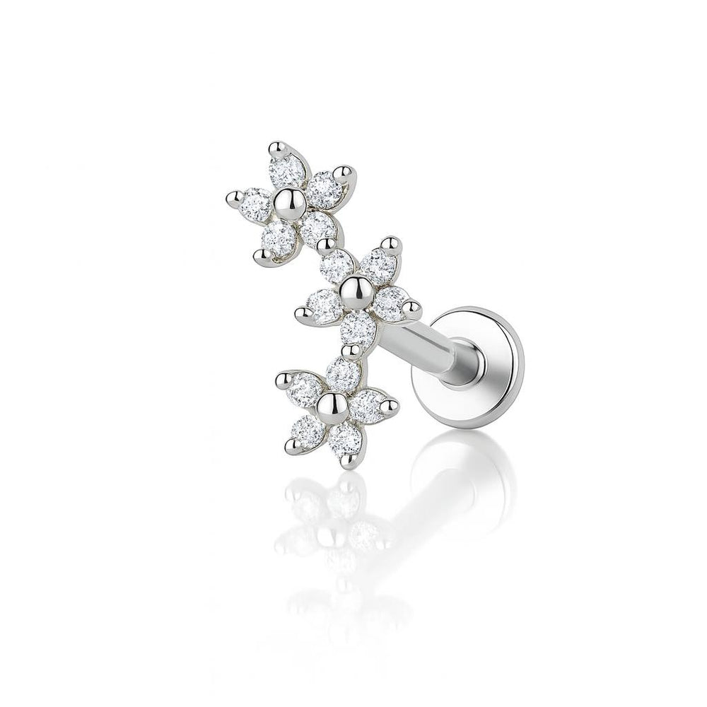 Kolczyk LABRET tytanowy Srebrny  z potrójnym motywem kwiatów i cyrkoniami ASTM F-136