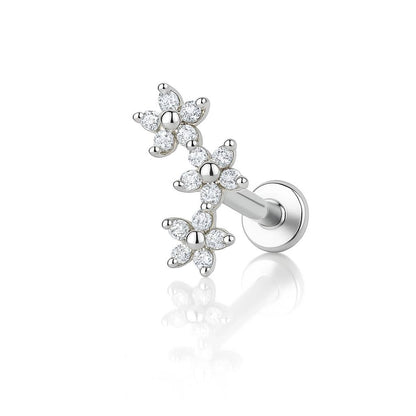 Kolczyk LABRET tytanowy Srebrny  z potrójnym motywem kwiatów i cyrkoniami ASTM F-136