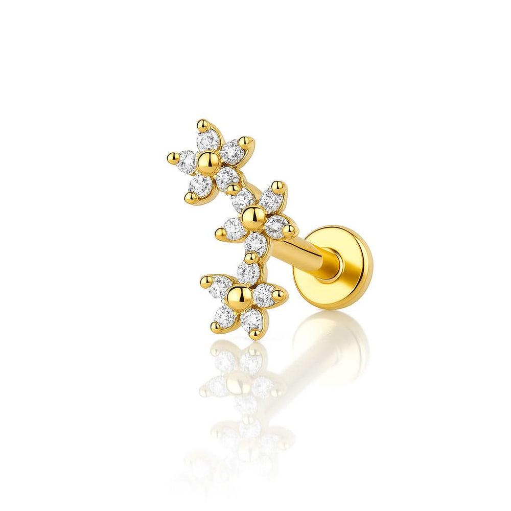 Kolczyk LABRET tytanowy Złoty z potrójnym motywem kwiatów i cyrkoniami ASTM F-136