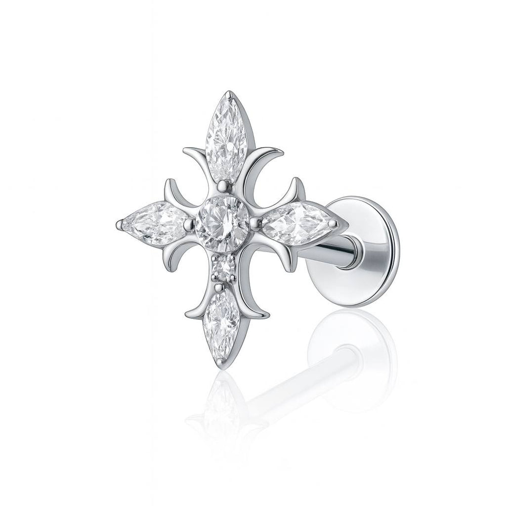 Kolczyk LABRET tytanowy krzyż z cyrkoniami Srebrny