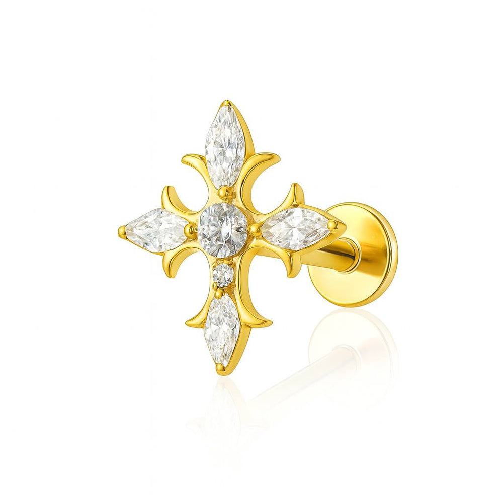 Kolczyk LABRET tytanowy krzyż z cyrkoniami Złoty