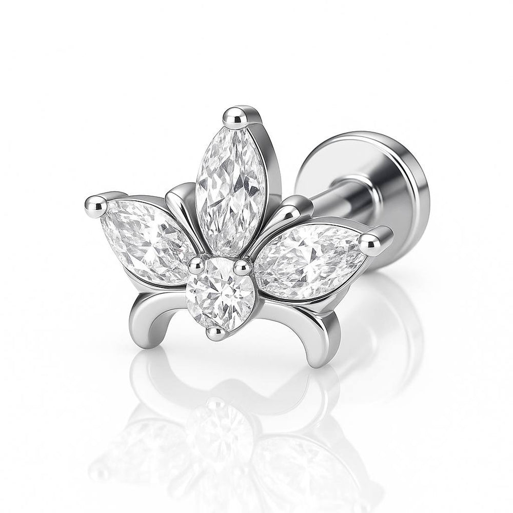 Kolczyk labret do piercingu – srebrny kwiat z cyrkoniami