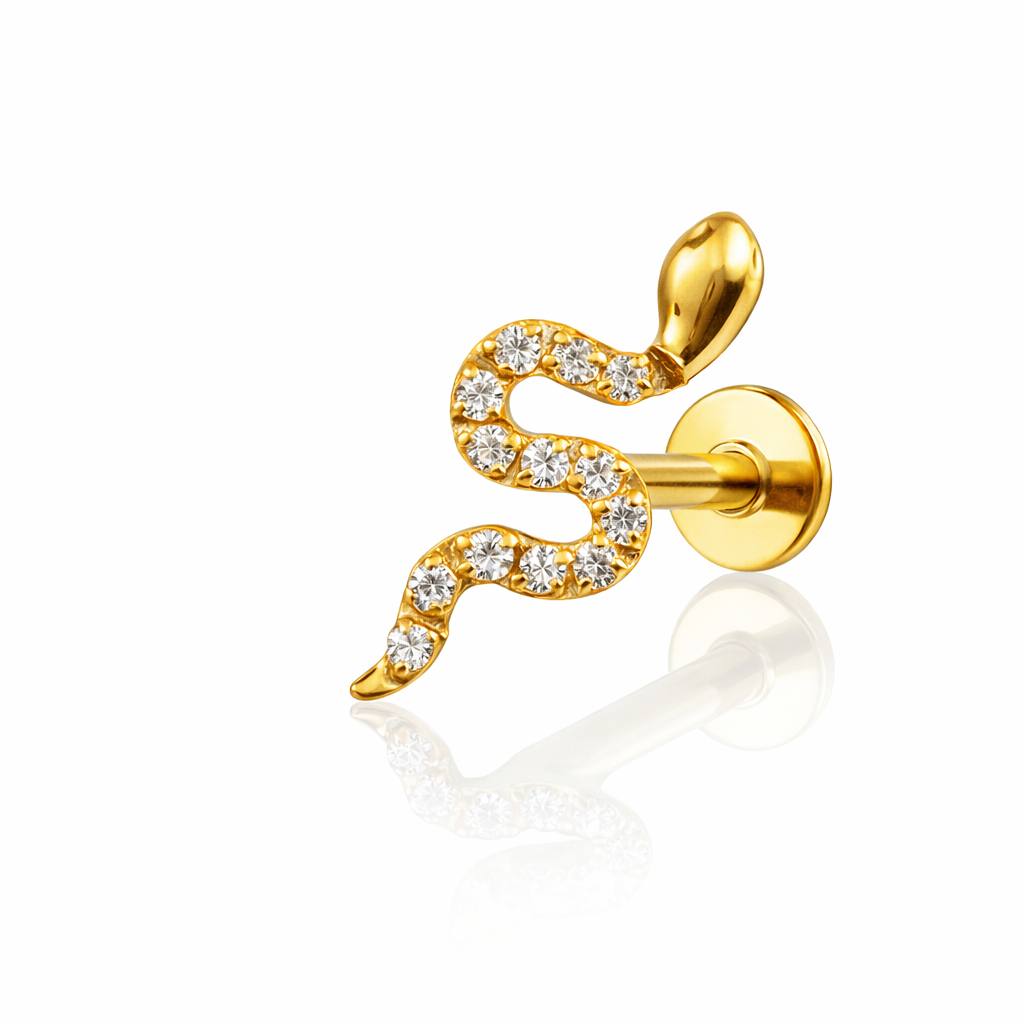 TYTANOWY KOLCZYK LABRET ZŁOTY WĄŻ Z BIAŁYMI CYRKONIAMI