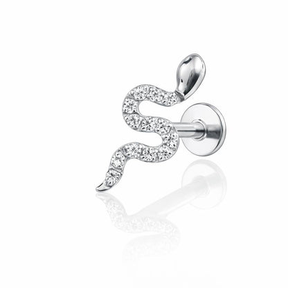 TYTANOWY KOLCZYK LABRET SREBRNY WĄŻ Z BIAŁYMI CYRKONIAMI