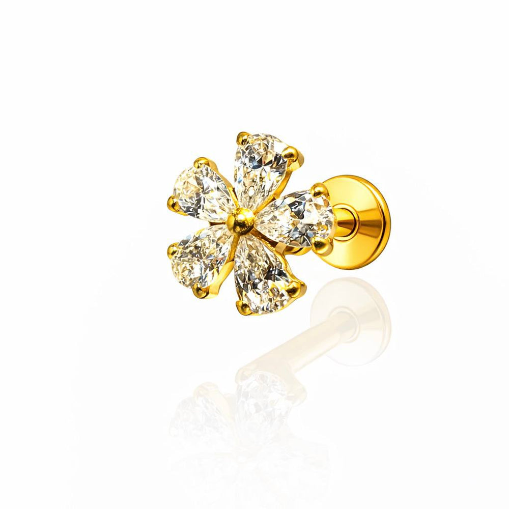 TYTANOWY KOLCZYK LABRET Z CYRKONIAMI KWIAT DO PIERCINGU UCHA – ZŁOTY